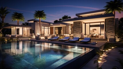 Fototapeta premium real estate Luxury Interior and exterior design pool villa with swimming pool and palm trees 