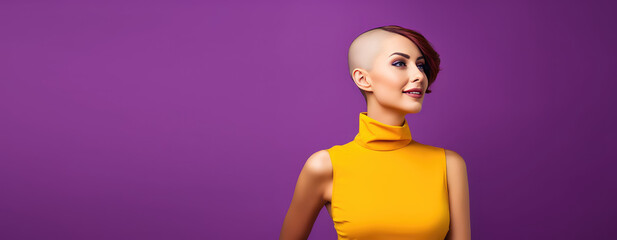 Young pretty bald woman with shaved head isolated on purple flat background with copy space. Baldness, alopecia areata from radiation therapy. - obrazy, fototapety, plakaty
