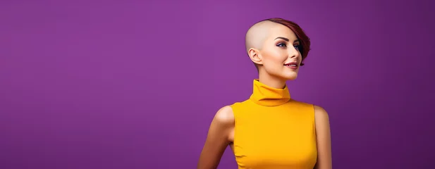 Foto op Canvas Young pretty bald woman with shaved head isolated on purple flat background with copy space. Baldness, alopecia areata from radiation therapy. © SnowElf