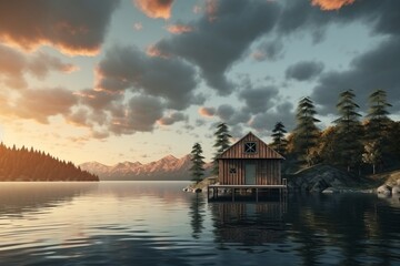 Fototapeta premium Lonely wooden house by the lake at dusk in Scandinavian winter Remoteness of Swedish natureGenerative Ai