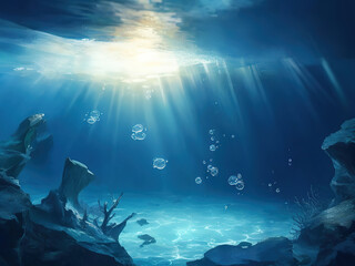 Sea background with bubbles and sunlight, the seabed without abodes