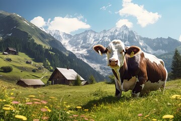 Scenic alpine meadow with cows grazing in the Swiss countryside. Idyllic summer landscape beneath blue skies and majestic mountains - obrazy, fototapety, plakaty