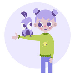 Beautiful girl holding a bird, smiling at each other: vector illustration