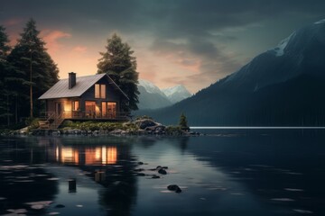 Lonely wooden house by the lake at dusk in Scandinavian winter remoteness of nature Generative Ai