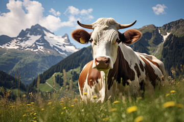 Scenic alpine meadow with cows grazing in the Swiss countryside. Idyllic summer landscape beneath blue skies and majestic mountains - obrazy, fototapety, plakaty