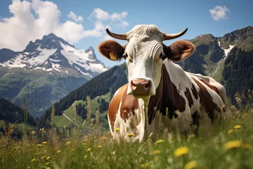 Foto op Plexiglas Scenic alpine meadow with cows grazing in the Swiss countryside. Idyllic summer landscape beneath blue skies and majestic mountains © ChaoticMind