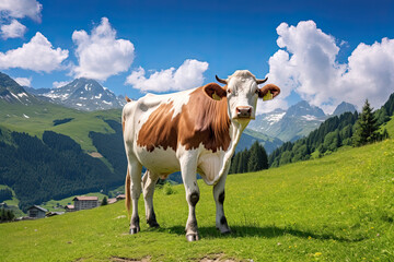 Fototapeta na wymiar Scenic alpine meadow with cows grazing in the Swiss countryside. Idyllic summer landscape beneath blue skies and majestic mountains