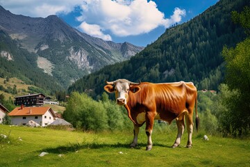 Fototapeta na wymiar Scenic alpine meadow with cows grazing in the Swiss countryside. Idyllic summer landscape beneath blue skies and majestic mountains