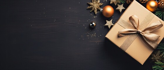 Obraz na płótnie Canvas Dark Christmas background, xmas flat lay with copyspace, golden decoration, free space for text, ai generated