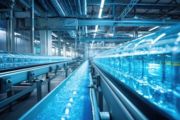 Fototapeta premium High-tech industrial water bottling plant in action. Automated machinery ensures pure and fresh water production, promoting ecological health.