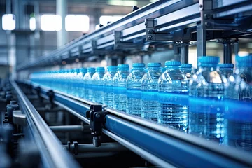 Zelfklevend Fotobehang High-tech industrial water bottling plant in action. Automated machinery ensures pure and fresh water production, promoting ecological health. © ChaoticMind