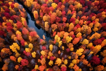 An autumn forest landscape with vibrant fall colors, winding river, and scenic beauty. Aerial view of nature's picturesque display.