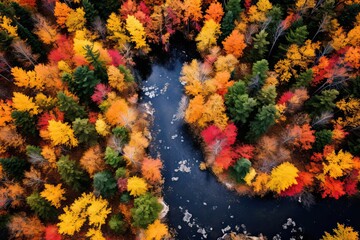 Fototapeta na wymiar An autumn forest landscape with vibrant fall colors, winding river, and scenic beauty. Aerial view of nature's picturesque display.