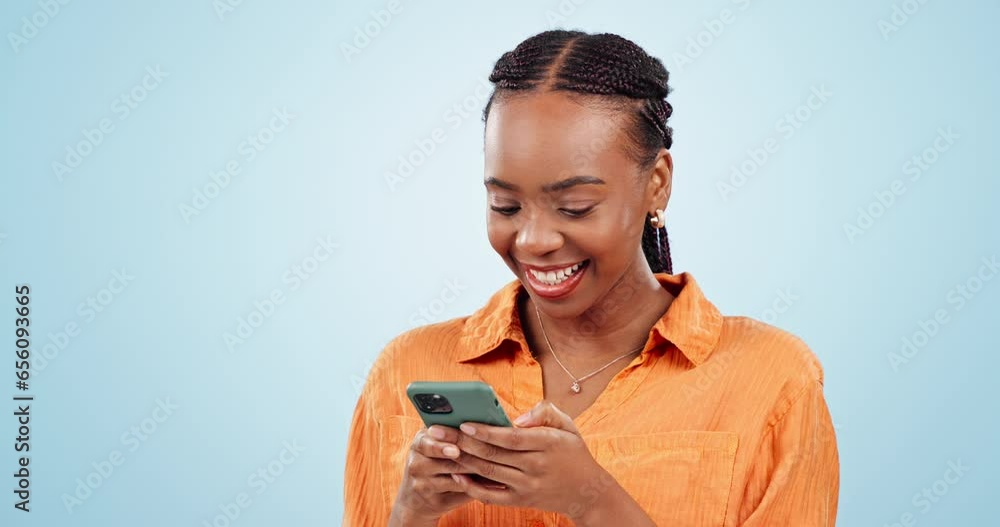 Sticker Woman, laugh and typing with smartphone in studio, scroll social media and reading funny notification on blue background. Happy african model download app, mobile games and search meme on cellphone