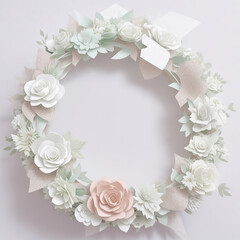 Round floral frame, on a soft pink background.