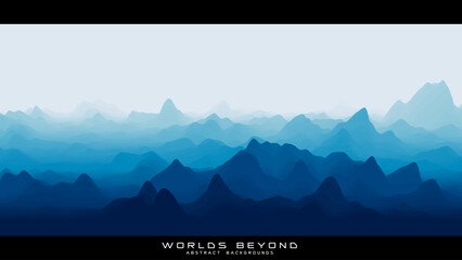 Abstract blue landscape with misty fog till horizon over mountain slopes. Gradient eroded terrain surface. Worlds beyond. - obrazy, fototapety, plakaty
