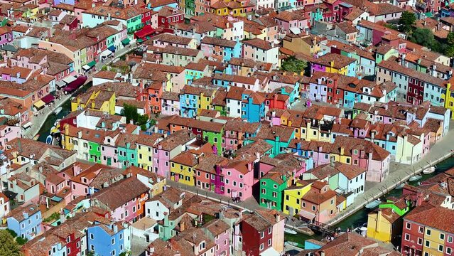Aerial view of the colorful Burano Island in the Venetian Lagoon, Italy