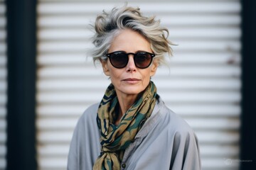 Portrait of a beautiful mature woman in sunglasses and a scarf.