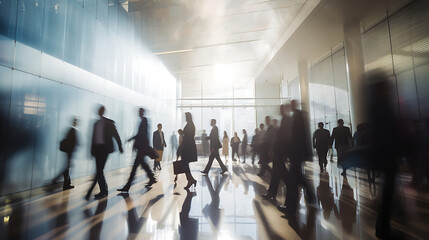 bustling energy of a modern business setting, a crowd of business people walking briskly through a sleek and contemporary entrance area. The business people are intentiona
