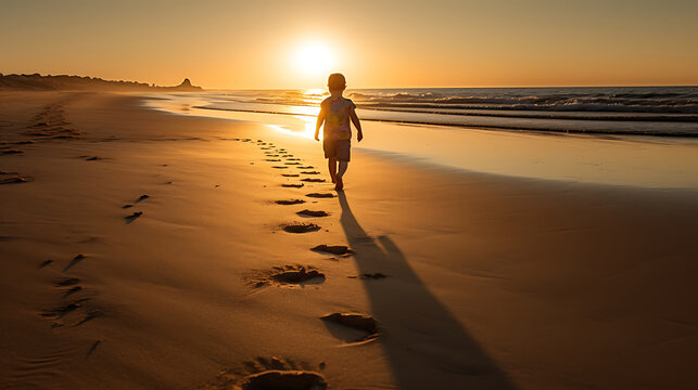 A child, no older than five, takes his first steps on a tranquil, sandy beach at sunrise.