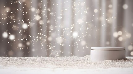 Empty stone pedestal with snowflakes, winter background. Modern product display. Minimal mockup template.