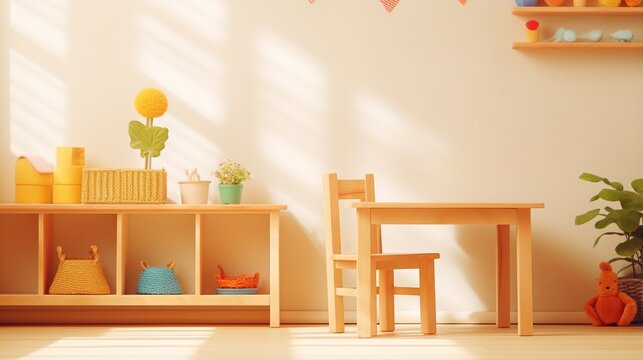 Stylish scandinavian newborn baby room with toys, children's chair and small shelf. Modern interior with sunlight and shadow background walls, wooden parquet and stars pattern. 