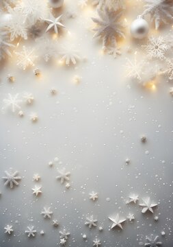 White shiny snowflakes, minimal flat lay pattern background.
