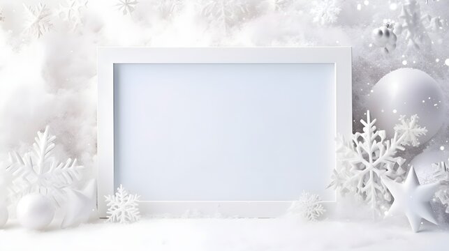 Minimalistic picture frame empty mockup template decorated with Winter white snowflakes
