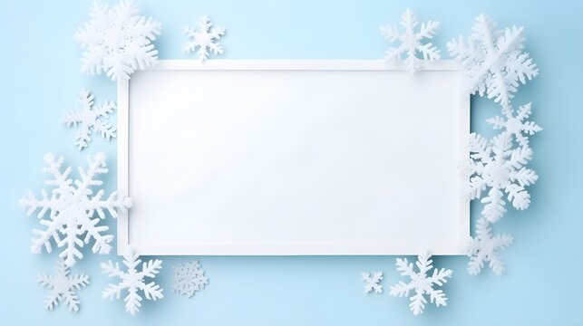 Minimalistic picture frame empty mockup template decorated with Winter white snowflakes