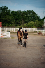 Portrait of a young jockey with a horse, horse riding training, a boy stroking a horse, a lesson for a young jockey in an equestrian school or club, pet