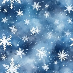 Fototapeta na wymiar White snowflakes, winter snow watercolor style seamless pattern.
