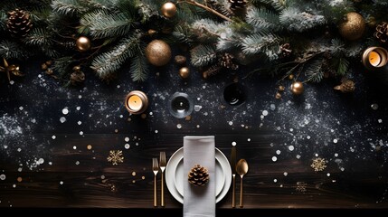 Table decorated with winter fir tree branches and snow, creative image. - obrazy, fototapety, plakaty