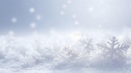 Fototapeta na wymiar Abstract winter snow with white snowflakes confetti and bokeh. Festive minimal background.