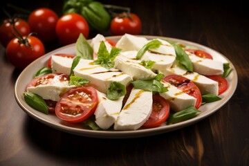 Tomato mozzarella with basil leaves Italian Dish Restaurant Plate Generative Ai