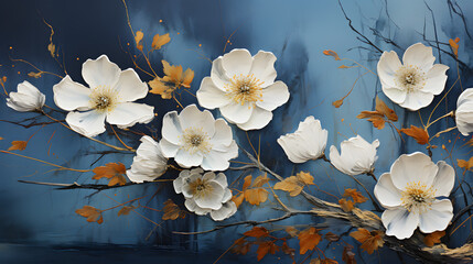 Abstract painted white flowers with gold and dark blue moody background 
