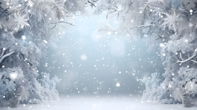 Winter forest frame with copy space, white background.
