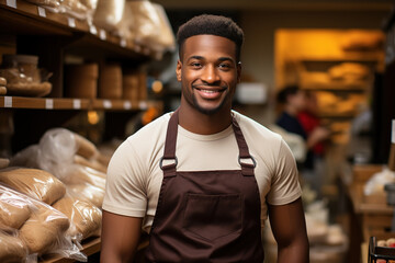 Fototapeta premium Portrait of a smiling grocery store clerk. Ai generative.