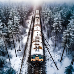 Aerial View of Train in Snowy Winter Forest. Generative ai.