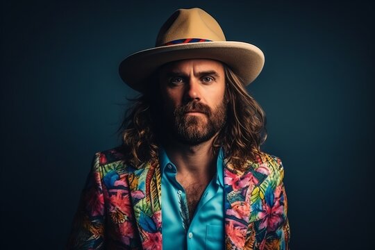Portrait of a handsome man with long hair wearing a hat and colorful shirt