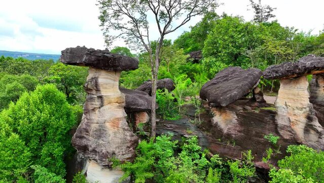 Sao Chaliang in Pha Taem National Park, Ubon Ratchathani, Thailand, is a mesmerizing sight from above, showcasing ancient rock formations and stunning landscapes. Geological and nature concept.
