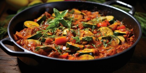 The tomatobased sauce reveals hints of earthiness and warmth, thanks to the addition of aromatic herbs like thyme and oregano, elevating the taste profile of this Vegetable Ratatouille to