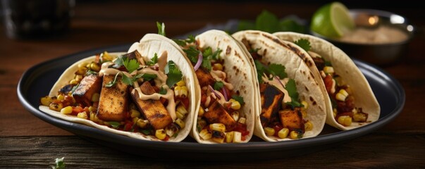 A tantalizing image capturing the smoky flavors of tofu tacos cooked to perfection on the grill. The photo features expertly charred tofu bites, mingling with a medley of caramelized onions,