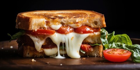 An enticing shot reveals the classic ingredients of a Caprese Grilled Cheese in all their glory thick slices of sunrid tomatoes, aromatic basil leaves, and a gooey fusion of mozzarella and
