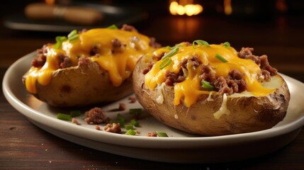 Indulge in the ultimate comfort food with this baked potato masterpiece its tender, fluffy envelopes a tantalizing mixture of seasoned beef and a rich, velvety blend of cheddar cheese.