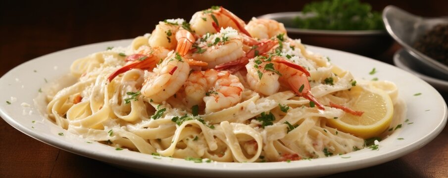 A tantalizing closeup picture of a shrimp and crab pasta Alfredo masterpiece, with plump shrimp and tender crab meat gracefully nestled ast the pasta, coated in a rich, ery sauce that lends