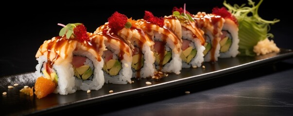 A mouthwatering sushi selection displays a range of creative fusion rolls, inspired by both traditional Japanese flavors and modern culinary innovation. One standout roll combines y tuna,