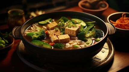 An appetizing shot showcasing a piping hot bowl of tofu and vegetable soup, b with an assortment of tender vegetables, chewy tofu cubes, and a flavorpacked broth, perfect for a comforting