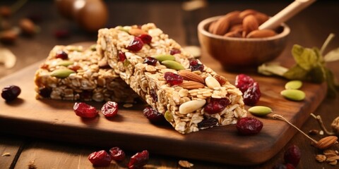Fototapeta premium A wholesome portrayal of a hearty oatbased granola bar, studded with dried cranberries, pumpkin seeds, and a hint of nutmeg, showcasing a delightful chewiness and a burst of natural sweetness.