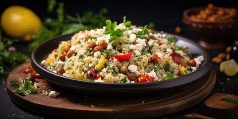 A delectable shot of a Moroccaninspired couscous salad, combining fluffy couscous with tender chickpeas, tangy feta cheese, sundried tomatoes, and a medley of fresh Mediterranean herbs,