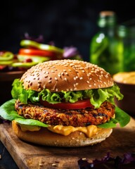An appetizing shot featuring a vegetarian chickpea burger, grilled to perfection and served on a toasted bun, garnished with crisp lettuce, juicy tomato slices, and a tangy homemade sauce.